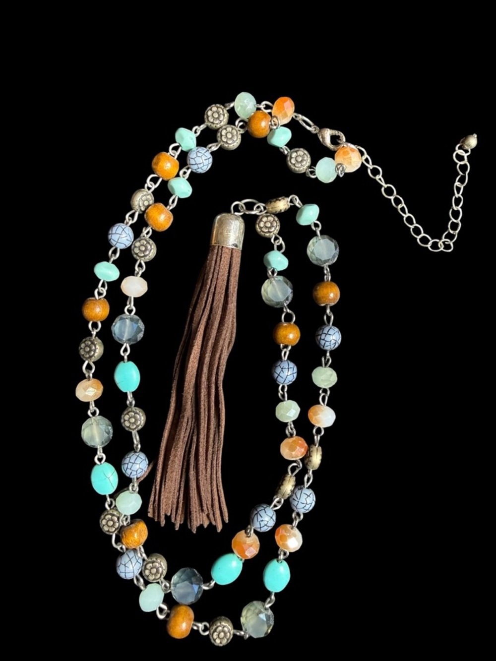 Beaded Tassel Necklace in Turquoise, Brown & Pale Blue